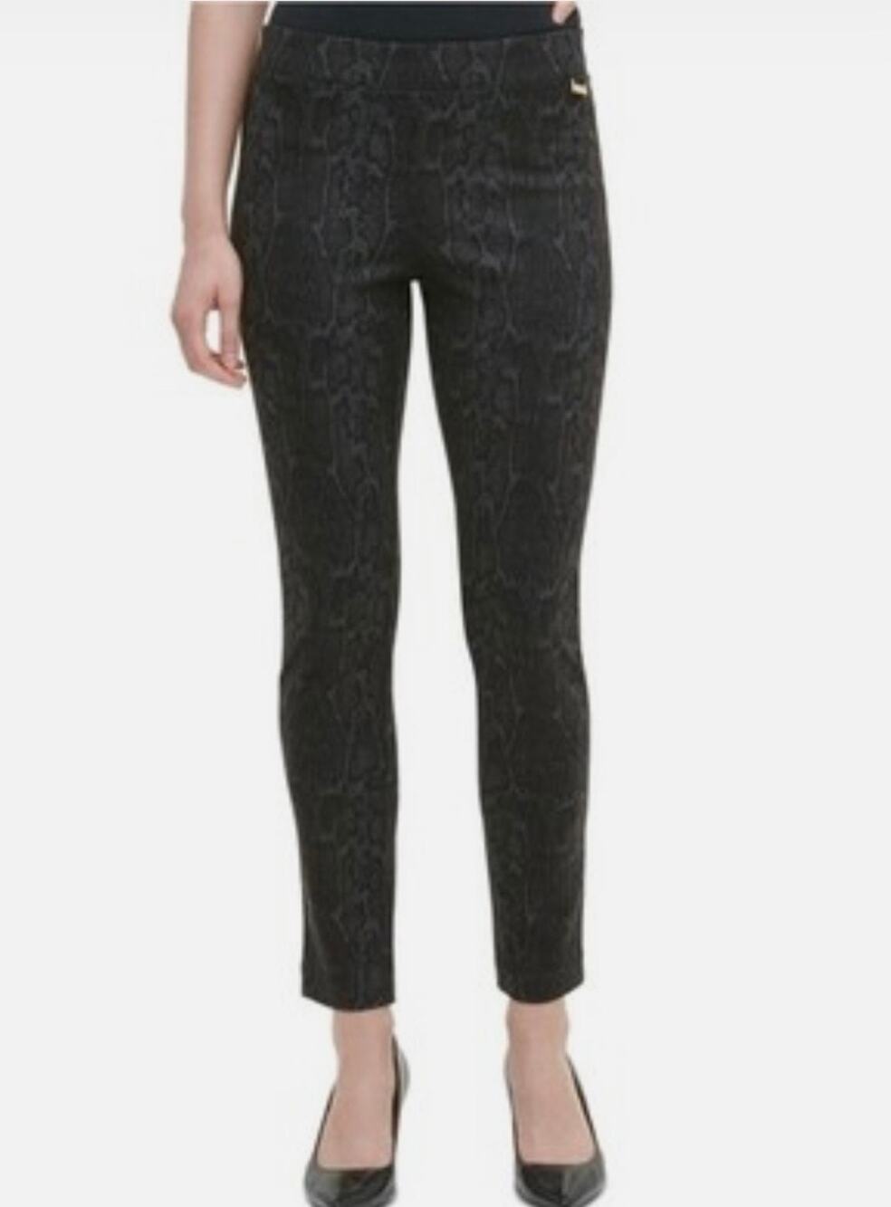 Calvin Klein Snakeskin Print Slim Leg Pull-On Ankle Pants Size L Black Gray